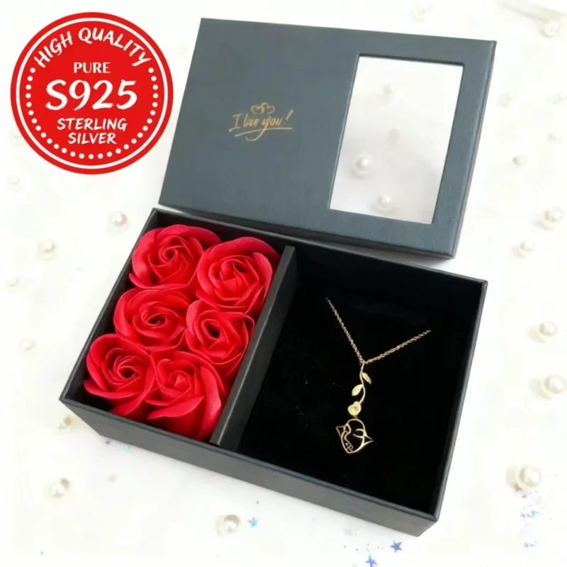 

925 Sterling Silver Jewelry Set - 18K Gold Rose Necklace Ring Rose Gift Box Holiday Gift for Women