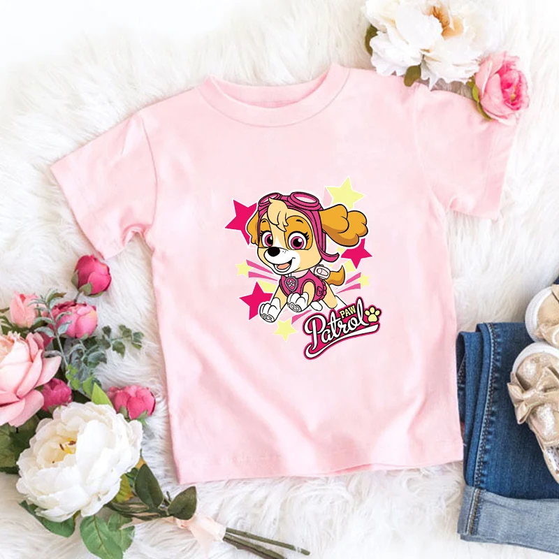 Paw Patrols Girl T Shirt Pink Cartoon Skye Short Sleeve Tops Summer Kids Korean Clothes Baby Casual Tees Cute Birthdays Gifts
