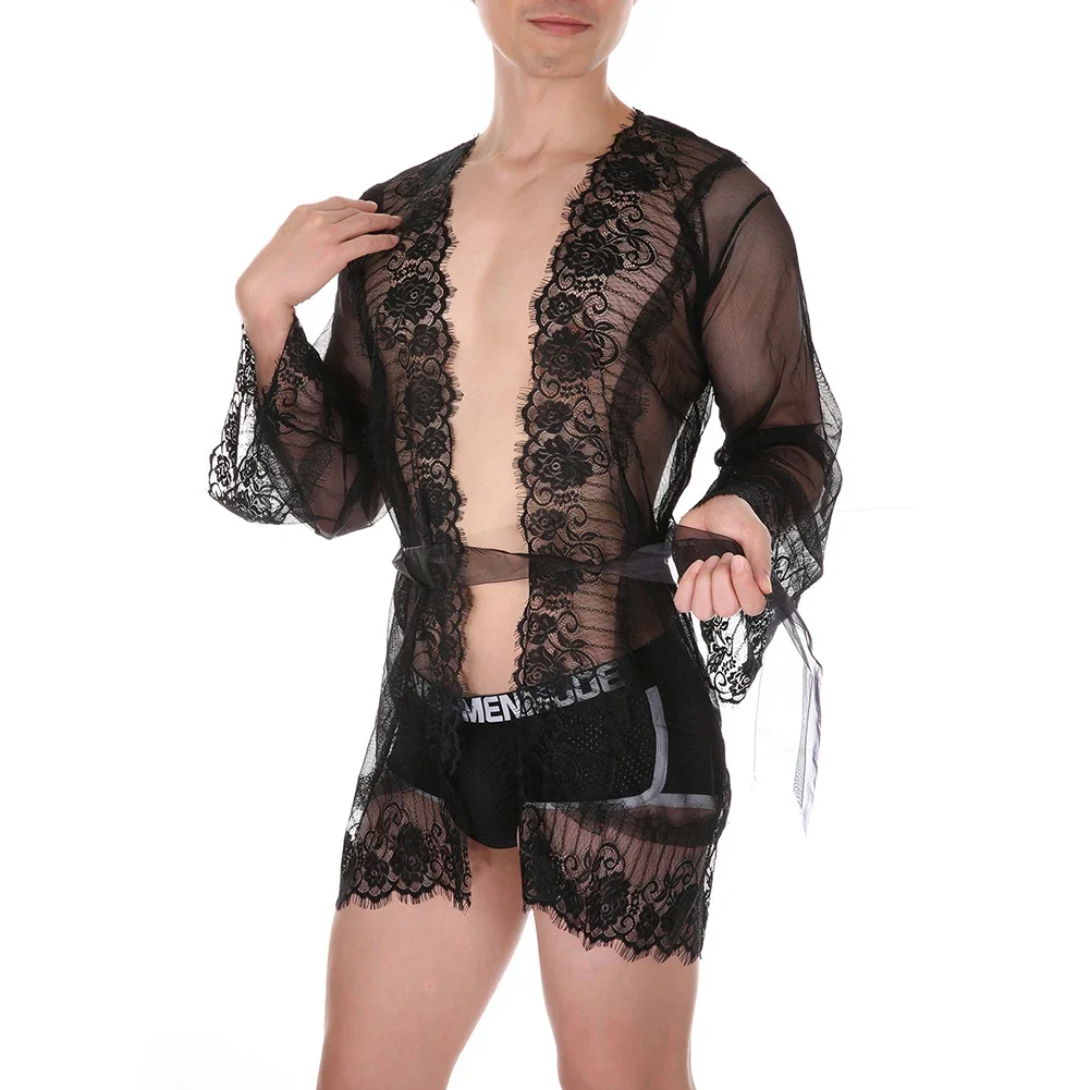 ผู้ชายหลวมเสื้อคลุมอาบน้ําชุดชั้นในลูกไม้ Night Wear ตาข่ายดูผ่านชุดนอนเร้าอารมณ์ Langerie ผู้ชาย T กางเกง