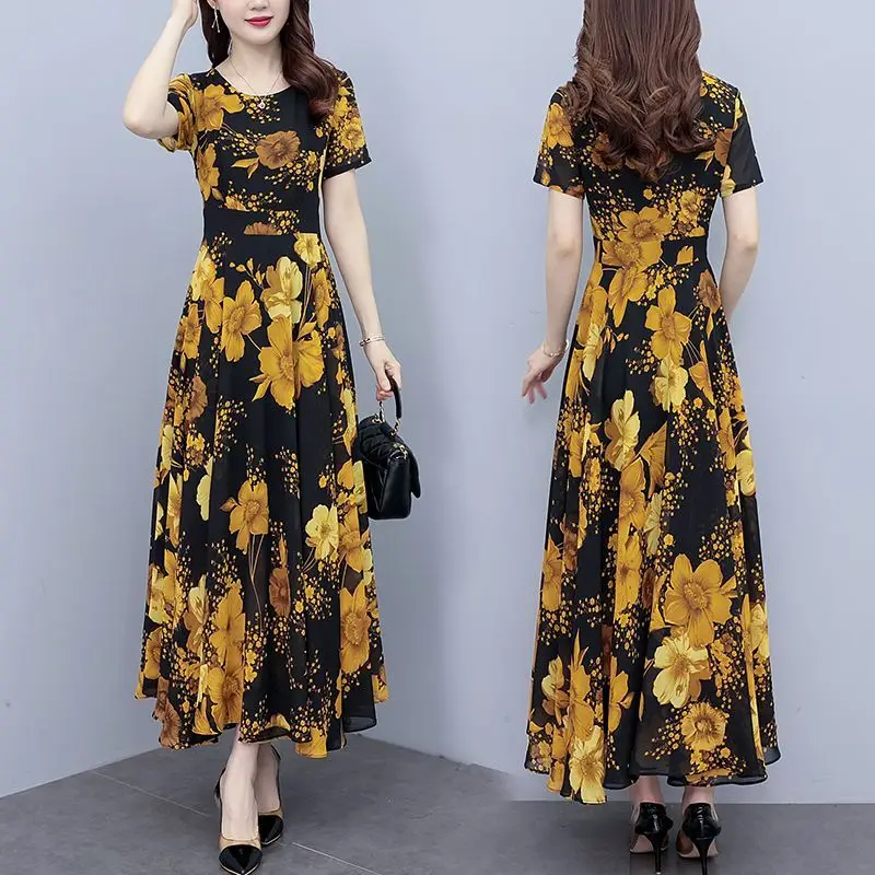 우아한 패션 하라주쿠 슬림 피트 여성 의류 캐주얼 모든 경기 a 라인 스커트 패치 워크 프린트 O 넥 반소매 드레스