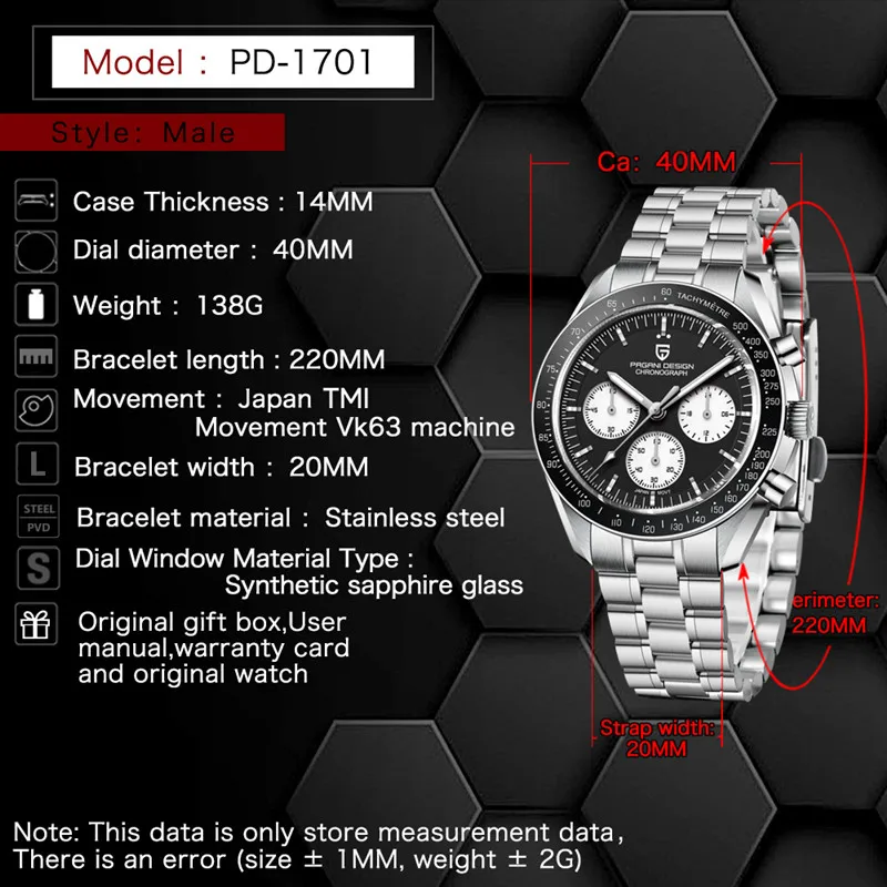 PAGANI DESIGN 2026 New PD1701 Men's Watches Luxury Quartz Watch Men Sport Speed Chronograph AR Sapphire Glass 100M Waterproof