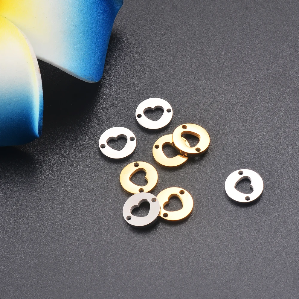 10 Stück/Set Edelstahl Runde Herz-Anhänger für Armbänder und Halsketten, DIY-Schmuck-Verbinder, Zubehör mit 2 Löchern – Detail 5