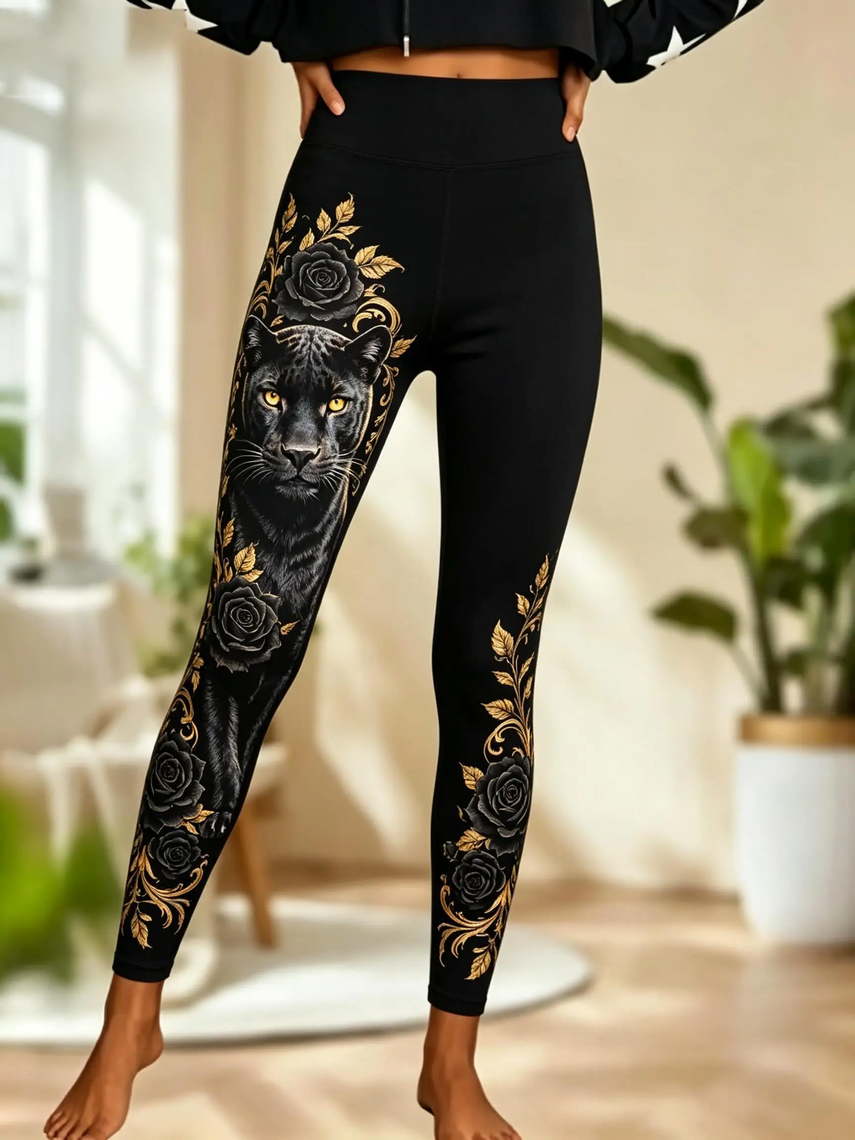 Women Fleece‑lined Mid‑rise Leggings Wild Leopard Panther Red Rose Floral Vine Tattoo‑style Full Leg Print Slim Stretch  Pants