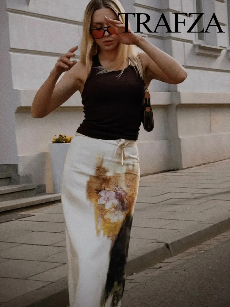 

TRAFZA Women New Fashion Versatile Printed Skirt Summer Female Temperament Split Hem High-Waist Slim Zipper Lace-up Midi Skirt