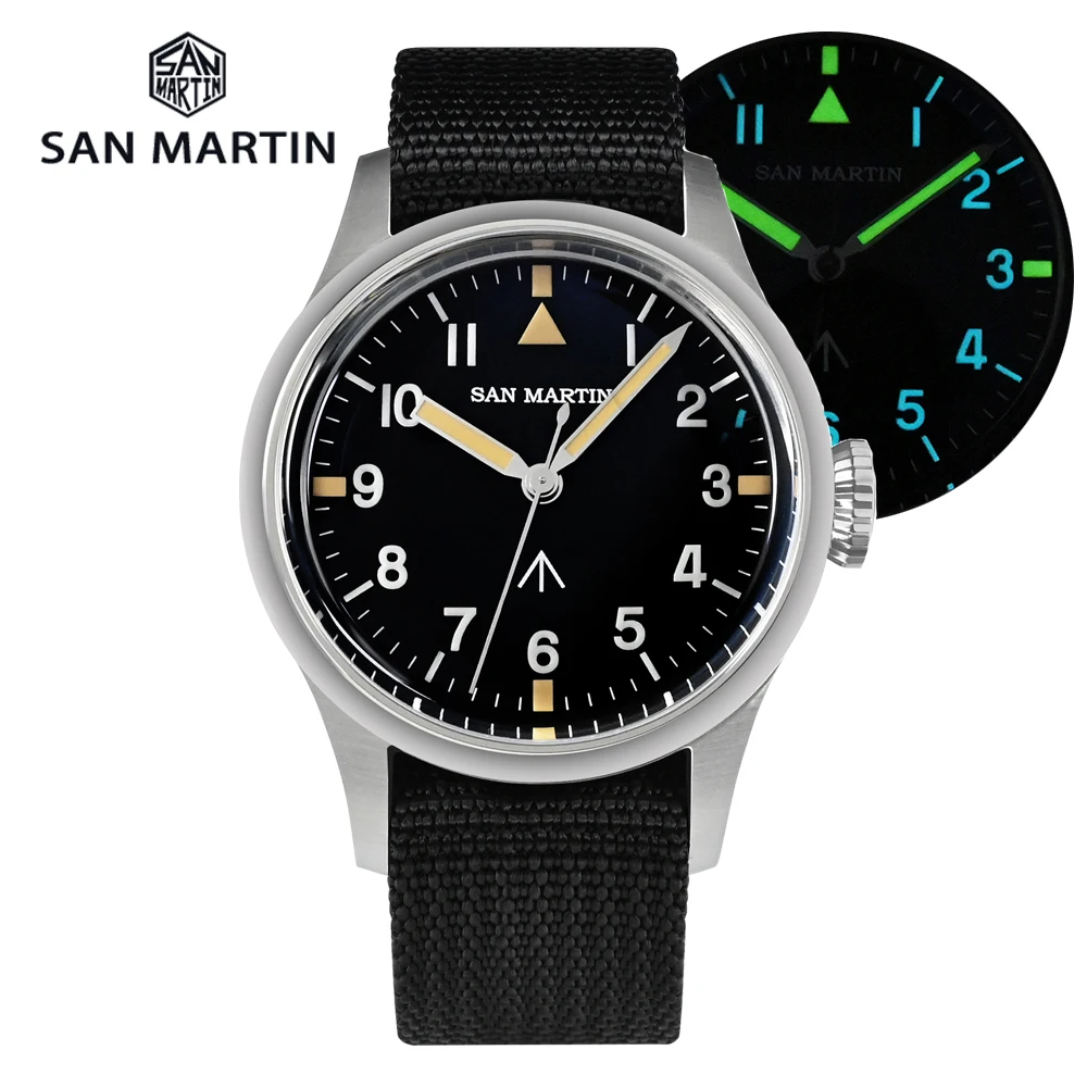 

San Martin Men's Pilot Watch NH35 Automatic Mechanical Nylon Strap 38.5mm Simple Military Flieger Sapphire Waterproof Luminous