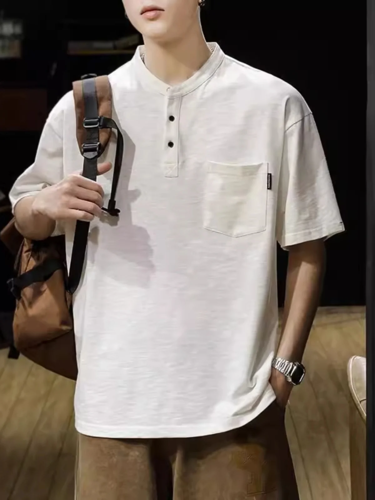 Extra Large 300 Pounds Short Sleeve  Shirt Men Summer Loose Henry Collar Workwear T-Shirt Breathable Pure Cotton Youth Trend