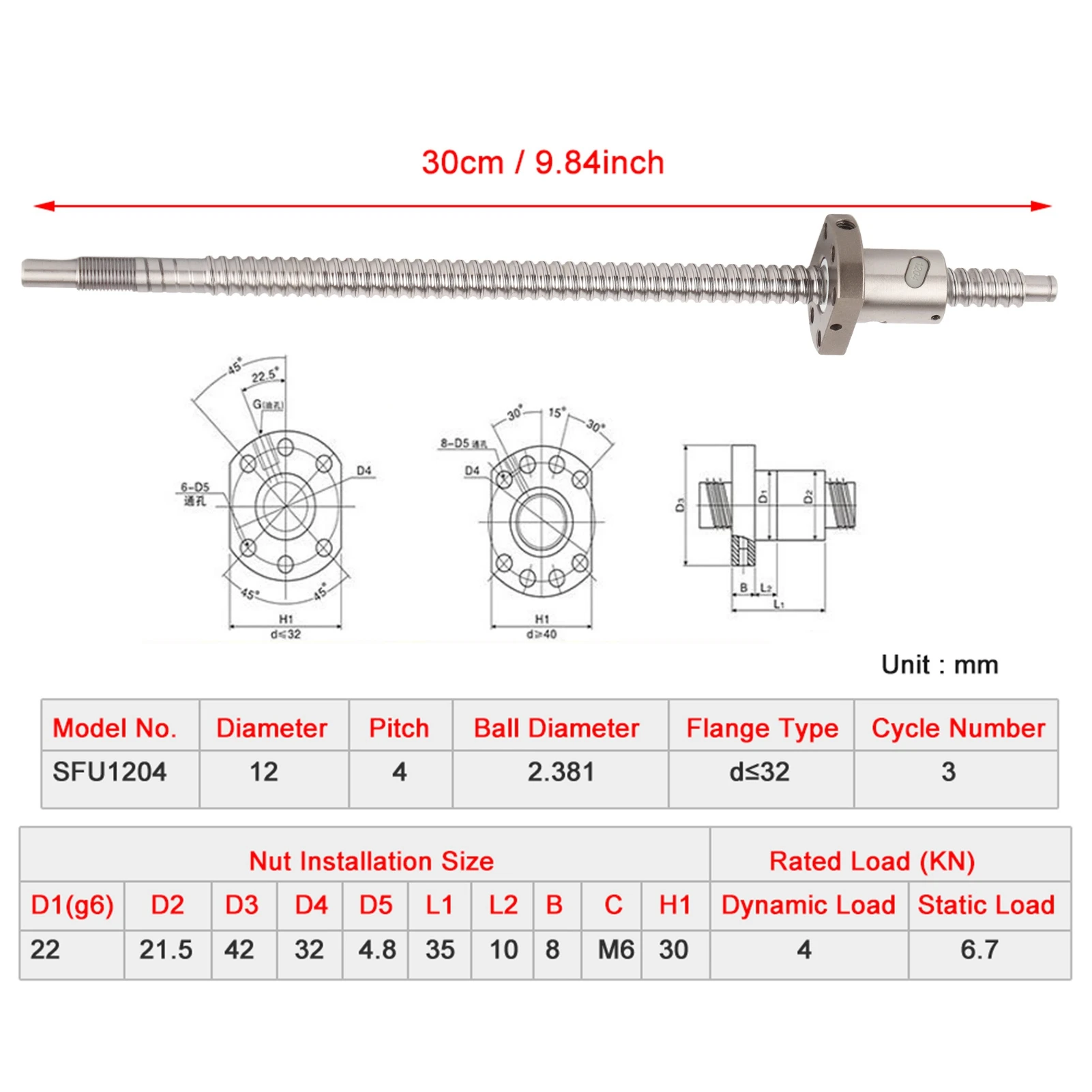 Anti Backlash Ballscrew Ballscrew SFU1204 300mm Rolled Ballscrew Ballnut AntiBacklash Without Side End Supports Rolled Ballscrew