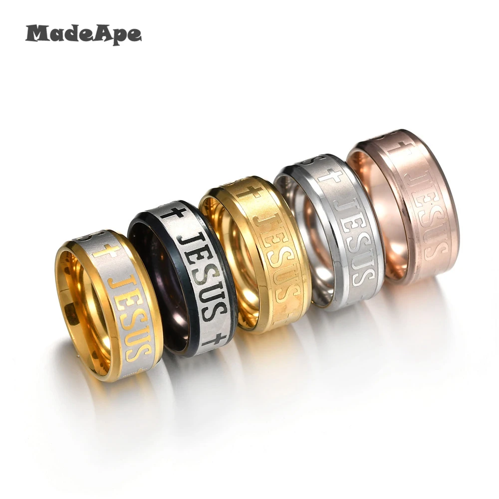 MadApe Classic Jewelry 8mm Stainless Steel Letter Bible Rings Black Silver Color Rose Gold Band Jesus Cross Ring For Men Women