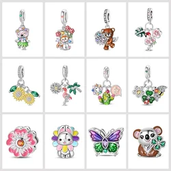 Springtime Flamingo Cactus Sunflower Animal Charms Beads Fit  DIY 925 Sterling Silver Original Bracelets Women Fine Jewelry Gift