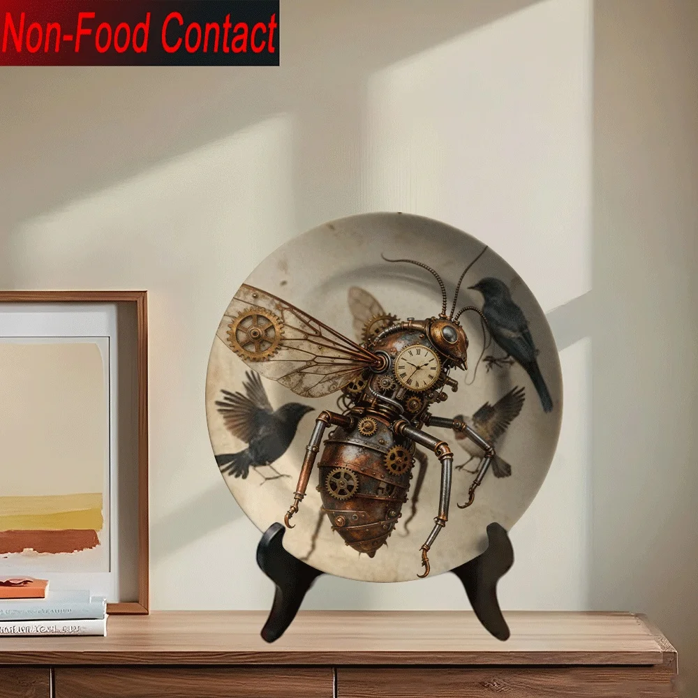 2D Flat, 1pc Ceramic Decorative Plate with Steampunk Mechanical Beetle and Bird Patterns - Non-Food Contact, Home Desk Art