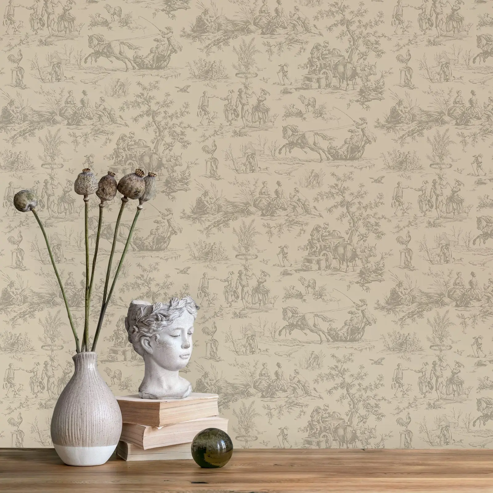 Seasons Toile Grey Wallpaper with farm life style in Desert color