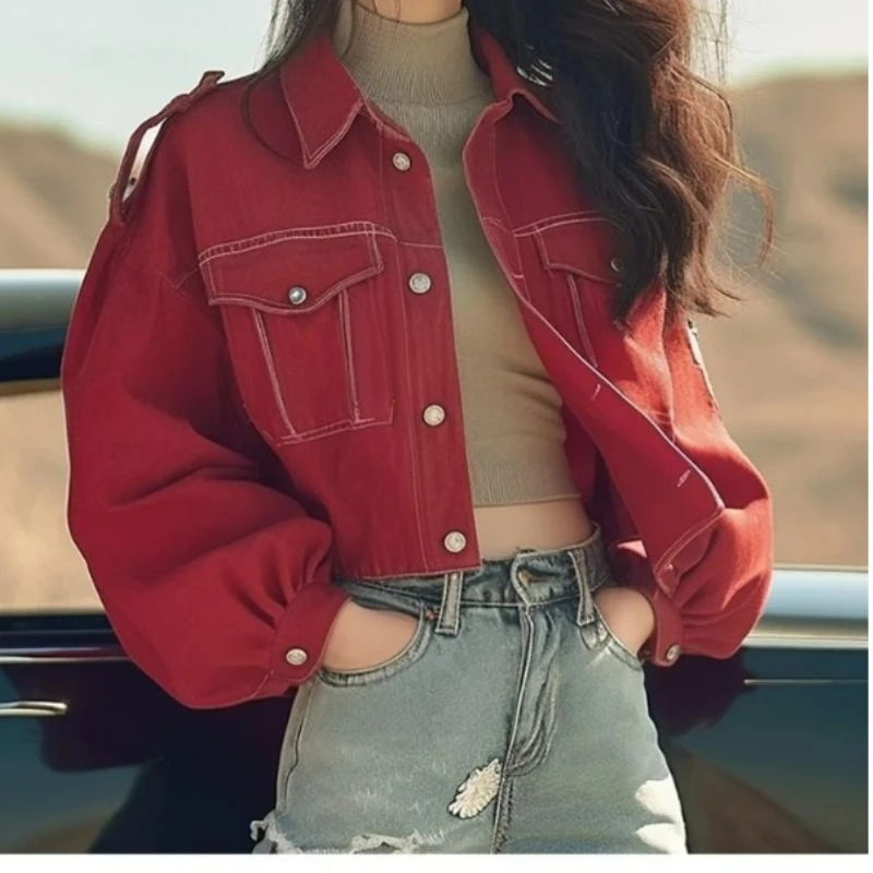 

Early Spring Unique Super Good-looking Korean Cool and Sa Small Fragrant Wind Loose Encore Red Cargo Denim Coat [Fashion Casual]