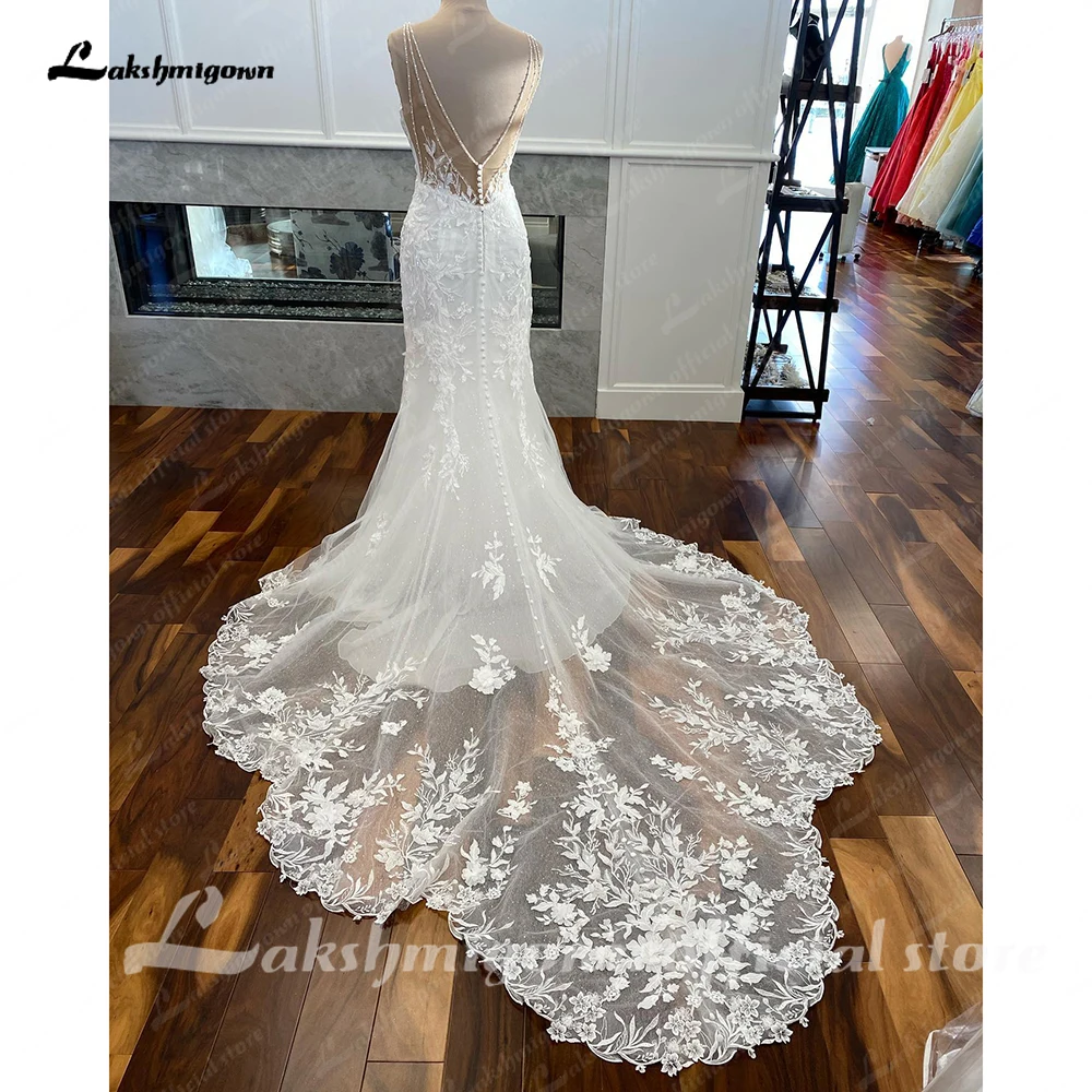 Elegante renda sereia vestidos de casamento v pescoço apliques até o chão v sem costas tule vestido de noiva feminino nupcial hochzeitskleid