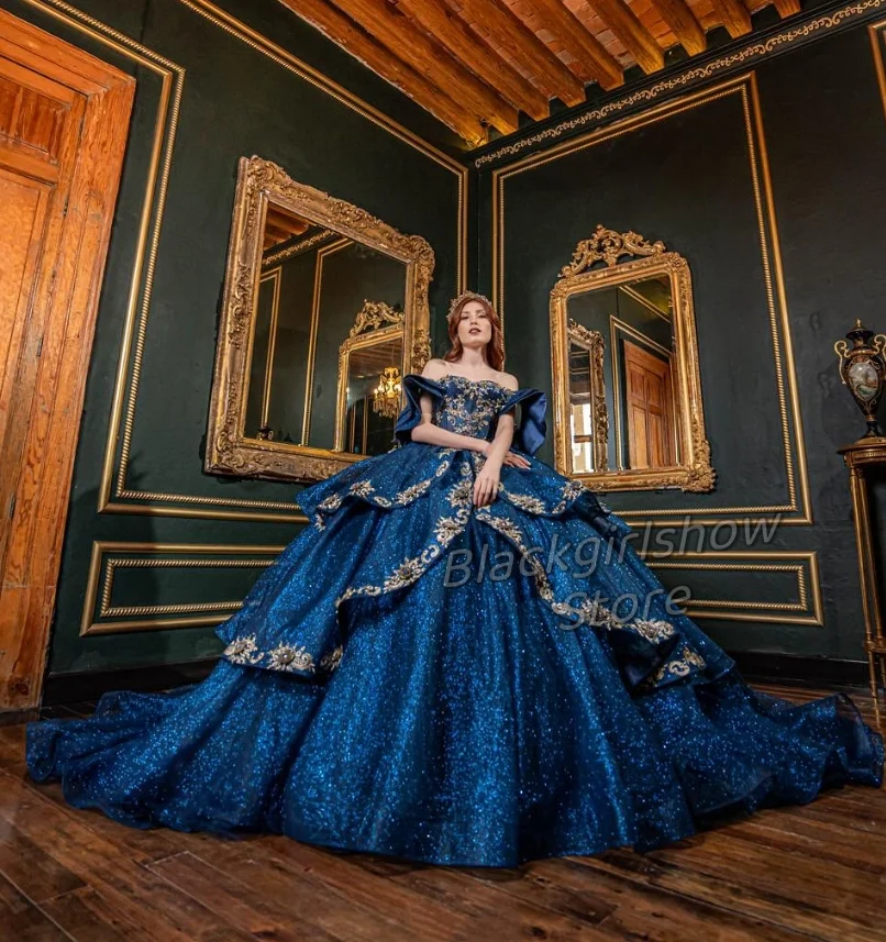 Princess Royal Blue Quinceanera Dress 2024 cattedrale Hem Luxury One Shoulder Crystal Applique Ruffle Queen Vestidos De 15 Dress