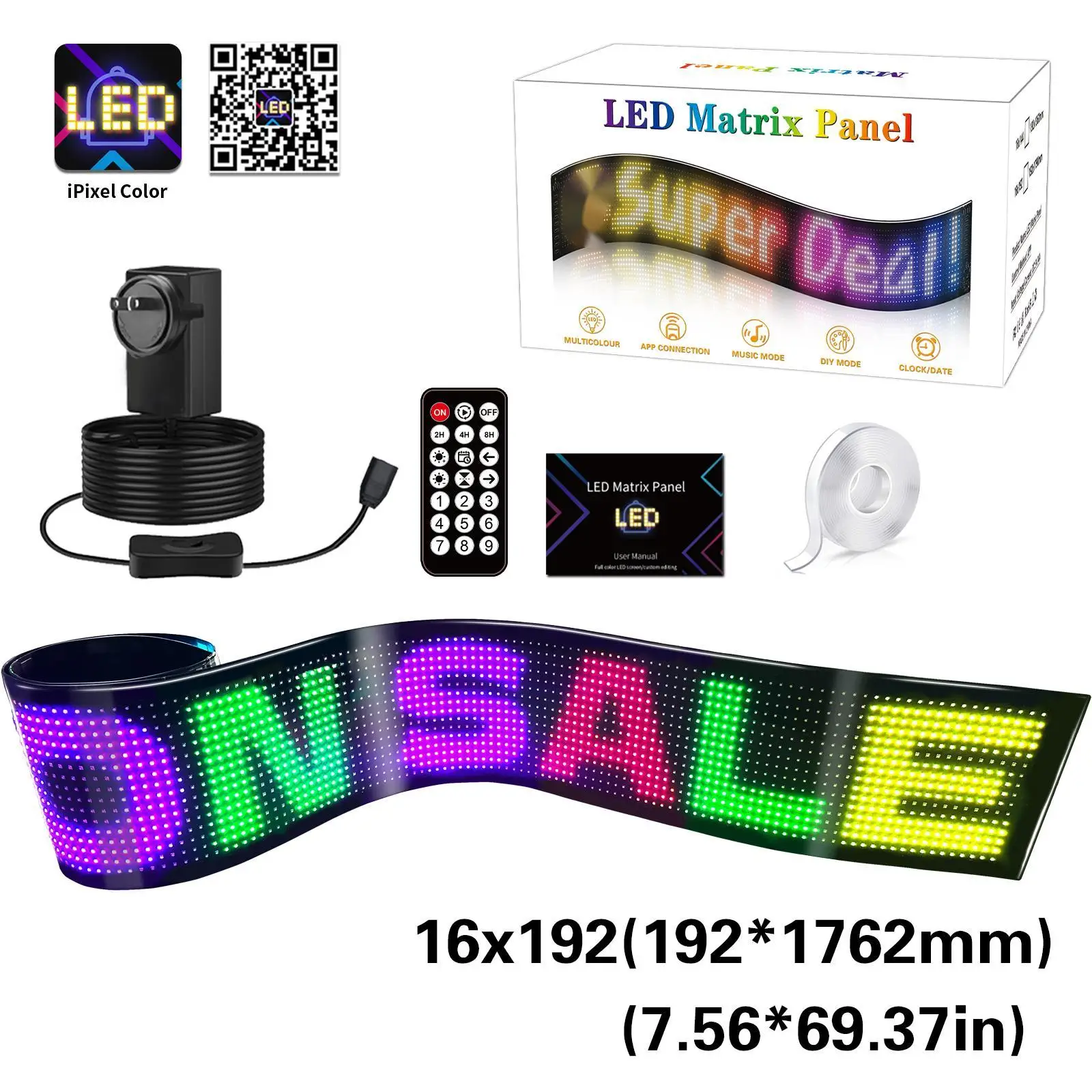 

Программируемый светодиодный знак 7,56x69,37 дюйма, гибкий прокручивающий светодиодный дисплей, управление через приложение Bluetooth, анимации для текста, автомобиля, магазина, праздника