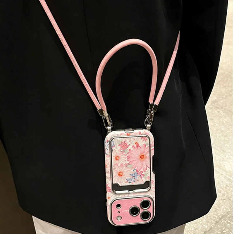 Pink Floral Faux Leather Texture Card Holder Phone Case with Crossbody Lanyard for iPhone 16, 15, 14, 13, 12, 11 Pro Max