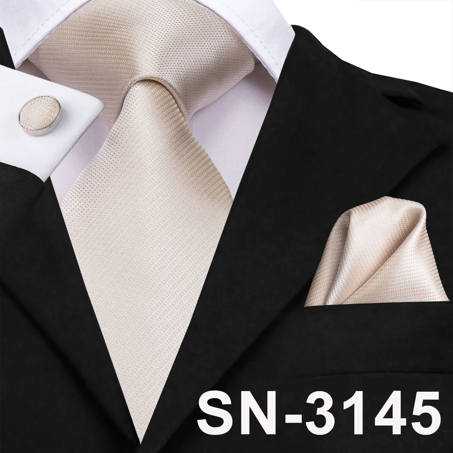 Men's Champagne Ivory White Solid Tie & Cufflinks Set, Wedding