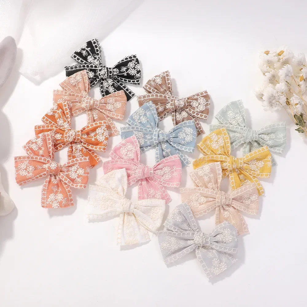 2pcs/set Cotton Hairpin Kids Classic Embroidery Flower Bow Hair Clips Geometric Sweet Vintage Baby Girls Hair Accessories Gift