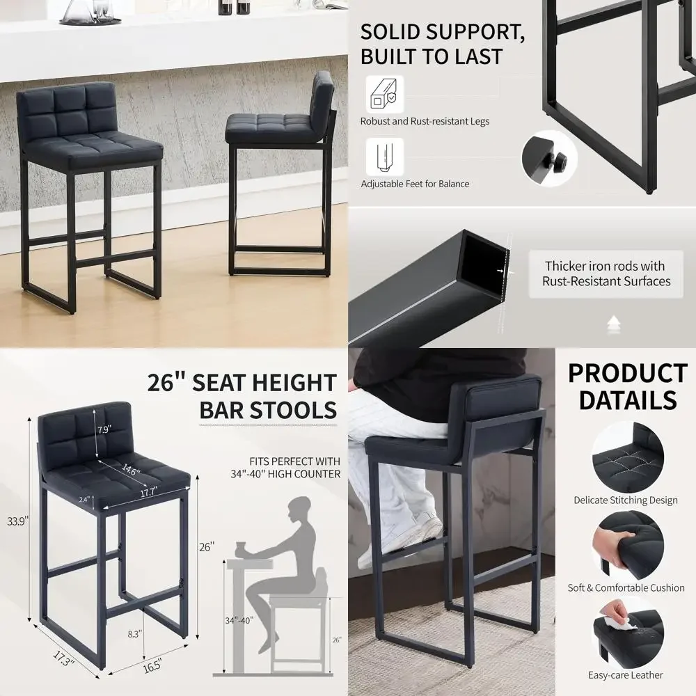 Mid-Century Modern Leatherette Bar Stools, Set of 2 with Low Back and Footrest, Stylish Upholstered Counter Height Chairs