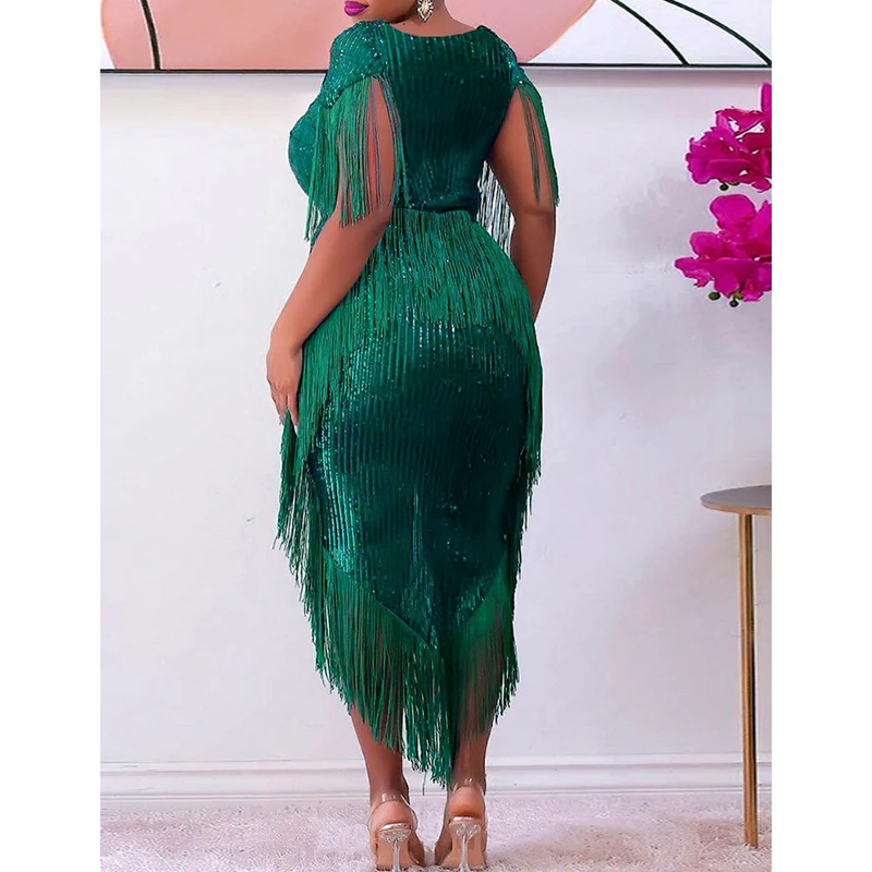 Summer Autumn Plus Size Sequins Tassel Party Dress Sexy Chic Vestidos De Fiesta Aesthetic Fashion Elegant Oversized Robe Femme