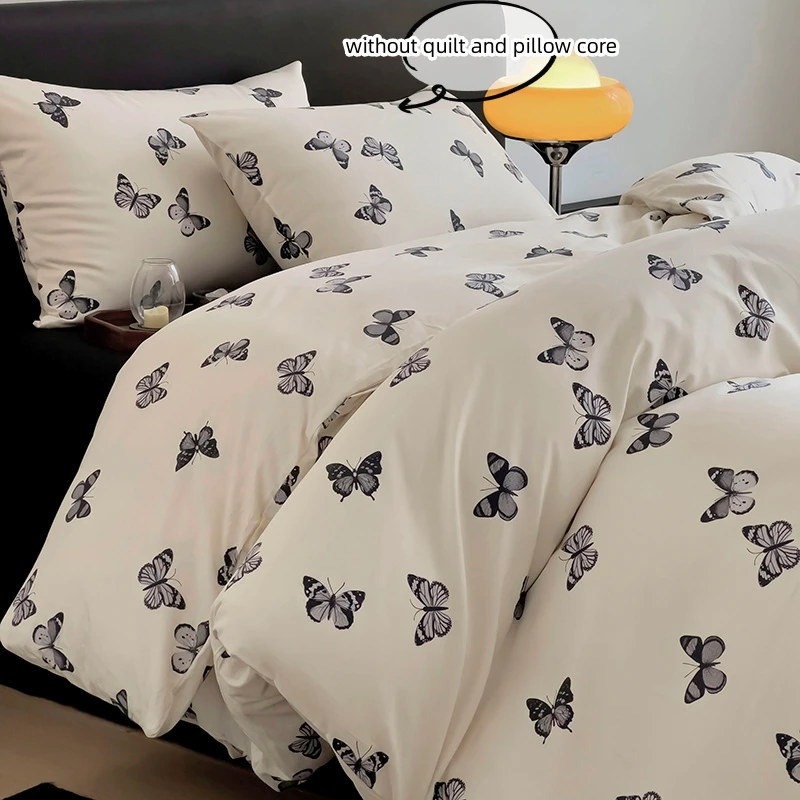 3pcs 100% Cotton Duvet Cover Set (1*Duvet Cover + 2*Pillowcase, Without Core), black butterfly Bedding Set, Soft Comfortable