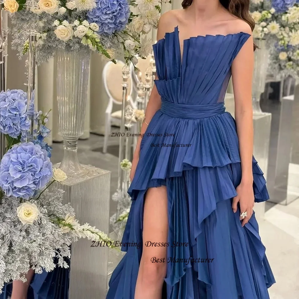 Zhio novo design alta fenda cetim uma linha em camadas vestido de festa plissados vestido de baile vestido de noite para mulheres robes de soirée personalizado