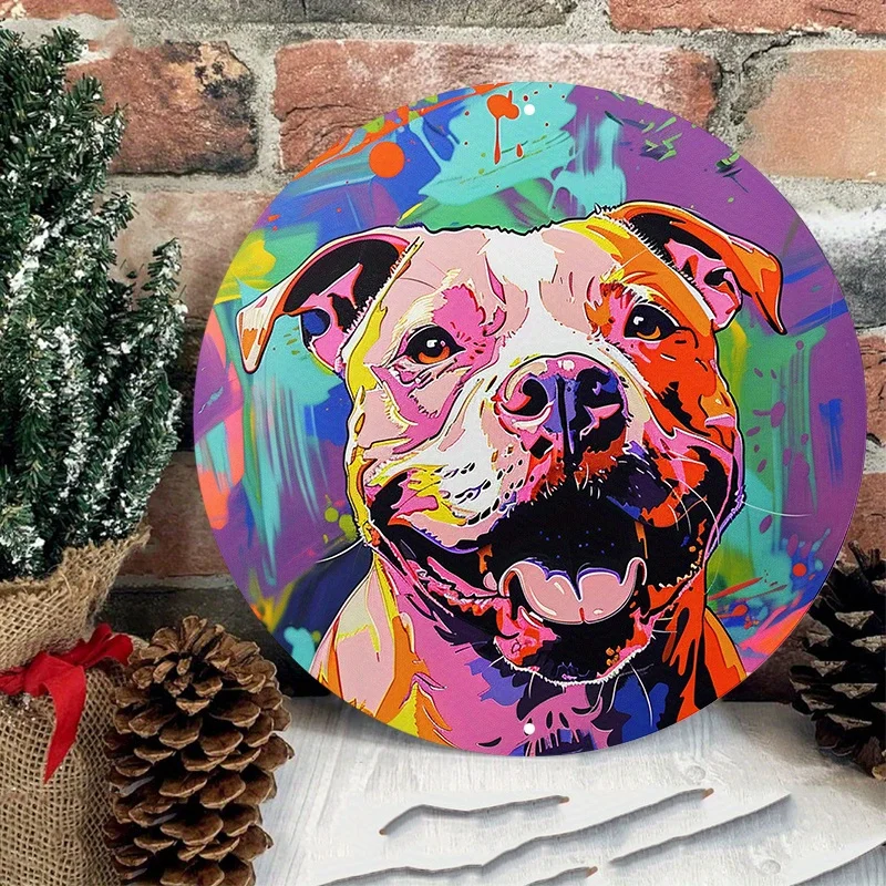 Colorful Pitbull Dog Portrait Round Aluminum Wall Sign, UV and Scratch Resistant, Easy-Hang Decoration, Wall Art, Home Decor