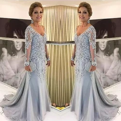 Customized Elegant Mother Of The Bride Dresses Long Sleeves V-Neck Appliques Mother Prom Party Evening Gowns Wedding Guest Gowns