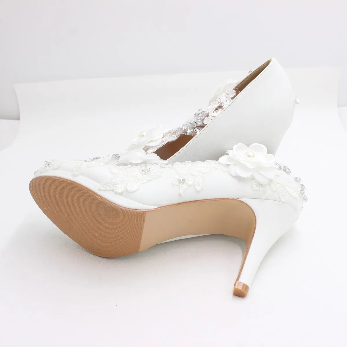 White Lace High Heels Bridal Wedding Shoes 8cm Stiletto Heel Elegant Pumps with Rhinestones and Pearls for Women Party & Evening