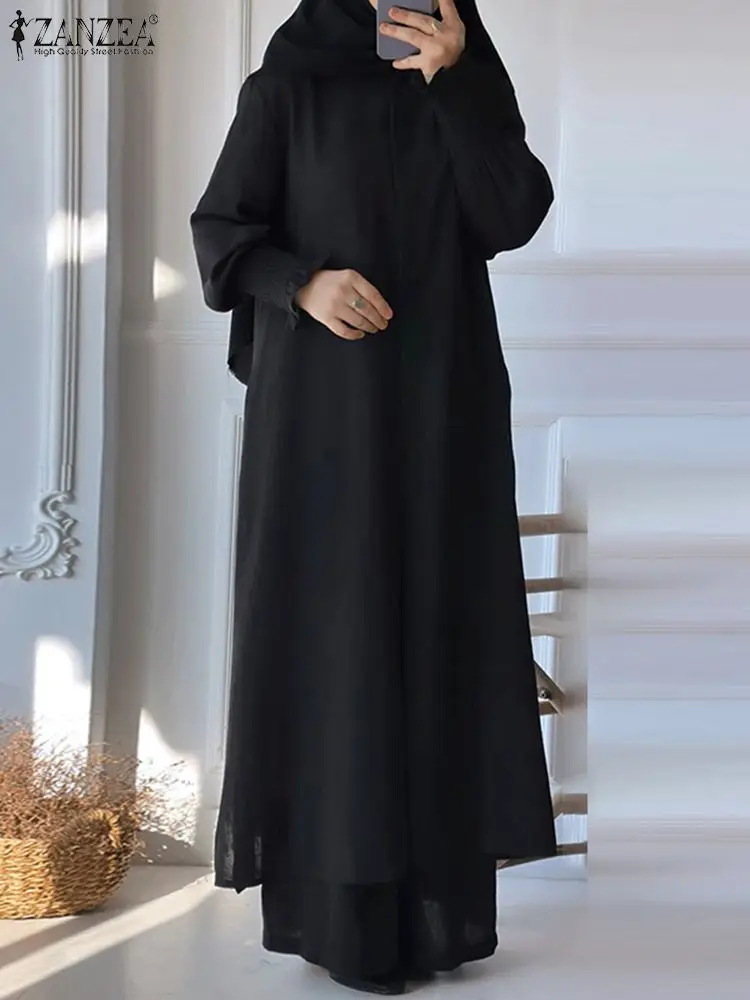 2024 ZANZEA Muslim Sets Women Vintage Long Shirt & Wide Leg Trousers Suit Eid Mubarek Abaya IsIamic Outfits Casual Tracksuits