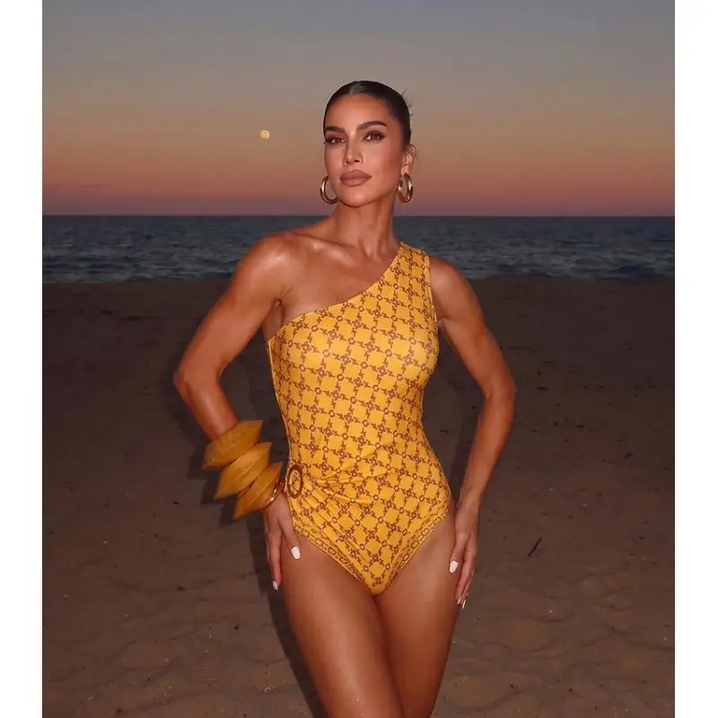 Summer Swimsuit And Skirt 2026 Flaxmaker Women Sexy One Shoulder Swimsuit Set Yellow Retro Printed Swimwear Biquini conjunto de