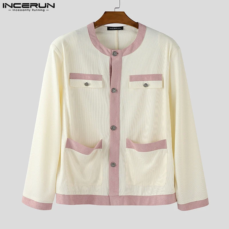 

INCERUN Men Jackets Patchwork Color-block Long Sleeve Button Male Coats Elegant Streetwear Fashion Casual Jackets Outerwear Men