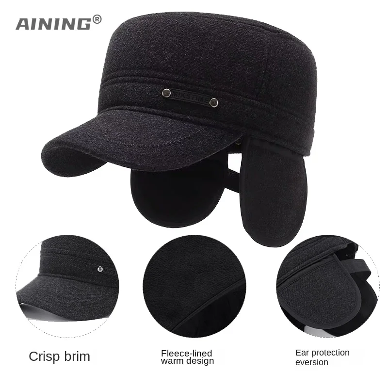 Winter Men\'s Hat Warm Flat Top Hat Cotton Casual Plush Autumn Ear Protection Wool Cap Cold Proof Baseball Cap Big Circumference