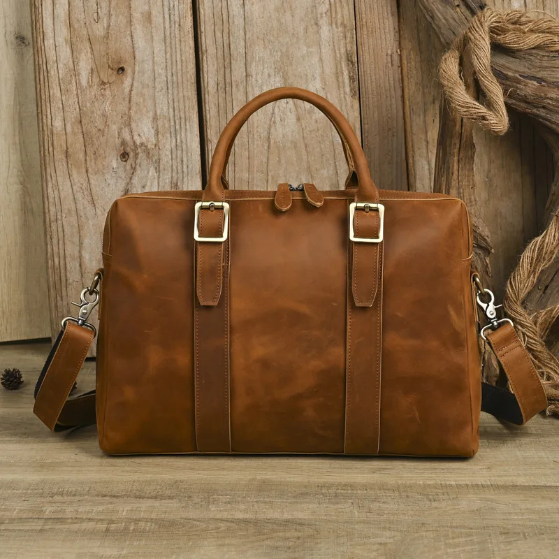Men's Genuine Leather Handbag Crazy Horse Cowhide Large Capacity 15 Inch Laptop Bag Shoulder Oblique Carry Briefcase