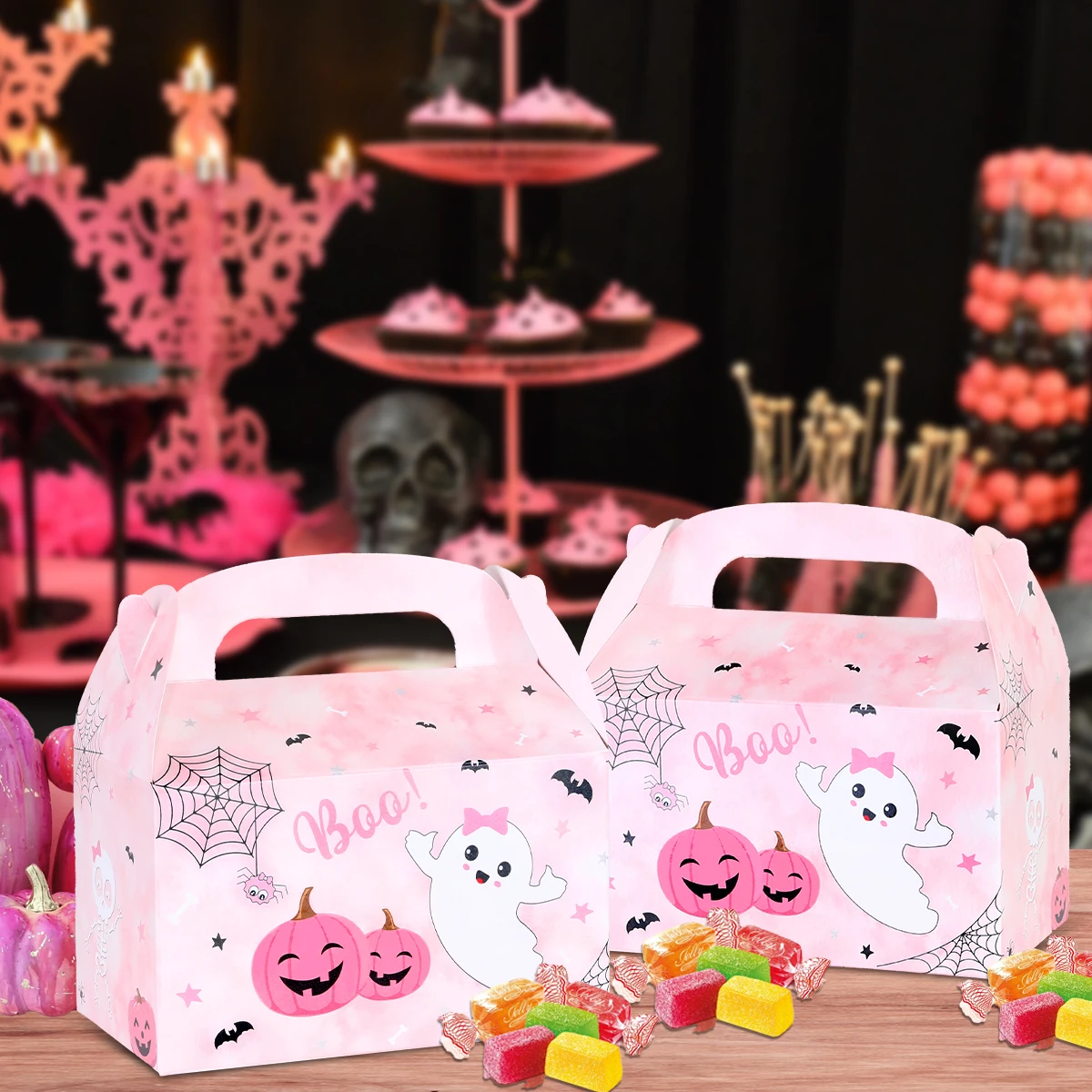 FANGLELAND 24pcs Pink Ghost Pumpkin Trick or Treat Halloween Gift Box with Handle Baby Shower Girl Birthday Party Supplies