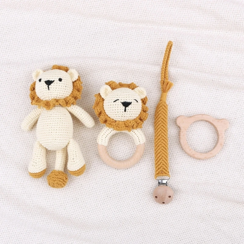 Łańcuszek smoczka zestaw w tym klips do przypinania smoczka Baby Teether raffle-bell Crochet-Baby Lion-Doll prezent na przyjęcie bociankowe dla niemowląt