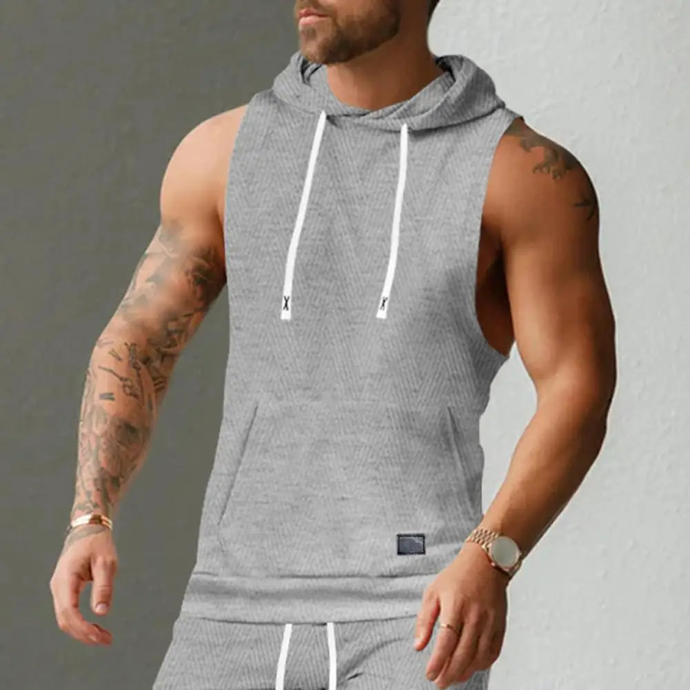 Summer Sleeveless Knit Vest Men's Casual Hooded Knitted Vest with Front Pocket Large Pockets Sports Style for Fitness for Men