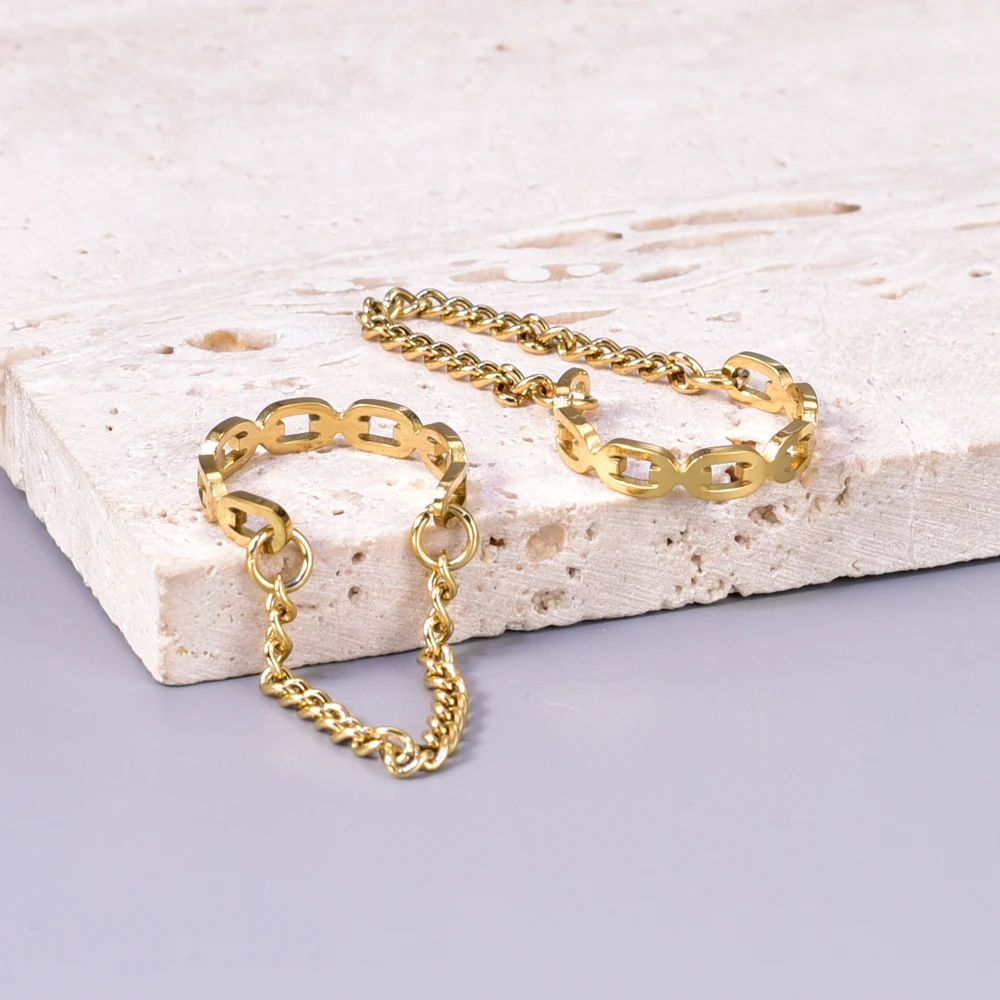 E89 Trendy Earless Ring with Ear Hook Chain, Beaded Ear Bone Clip, Titanium and 18K Gold Plated