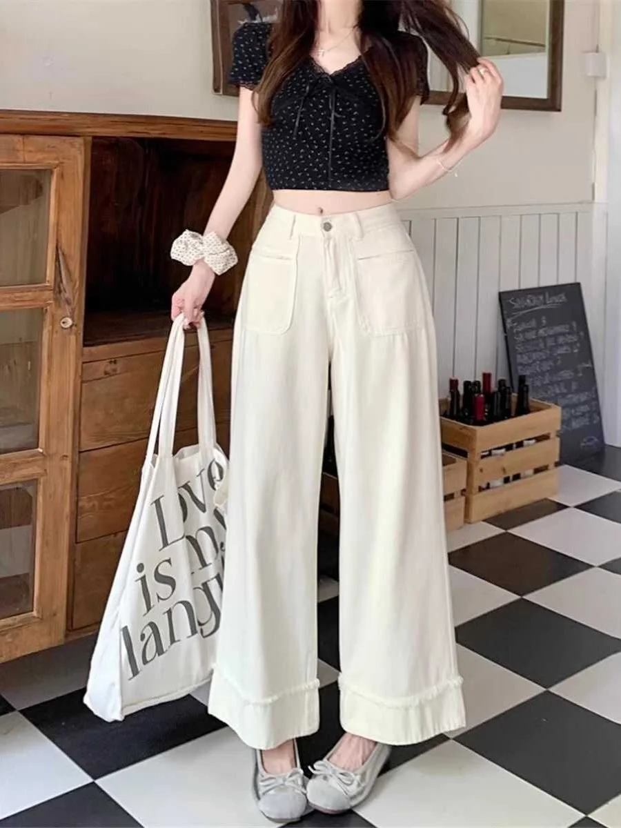 Plones vaqueros blancos de pierna ancha de cintura alta para mujer, plones vaqueros con abertura adeazantes de reta...