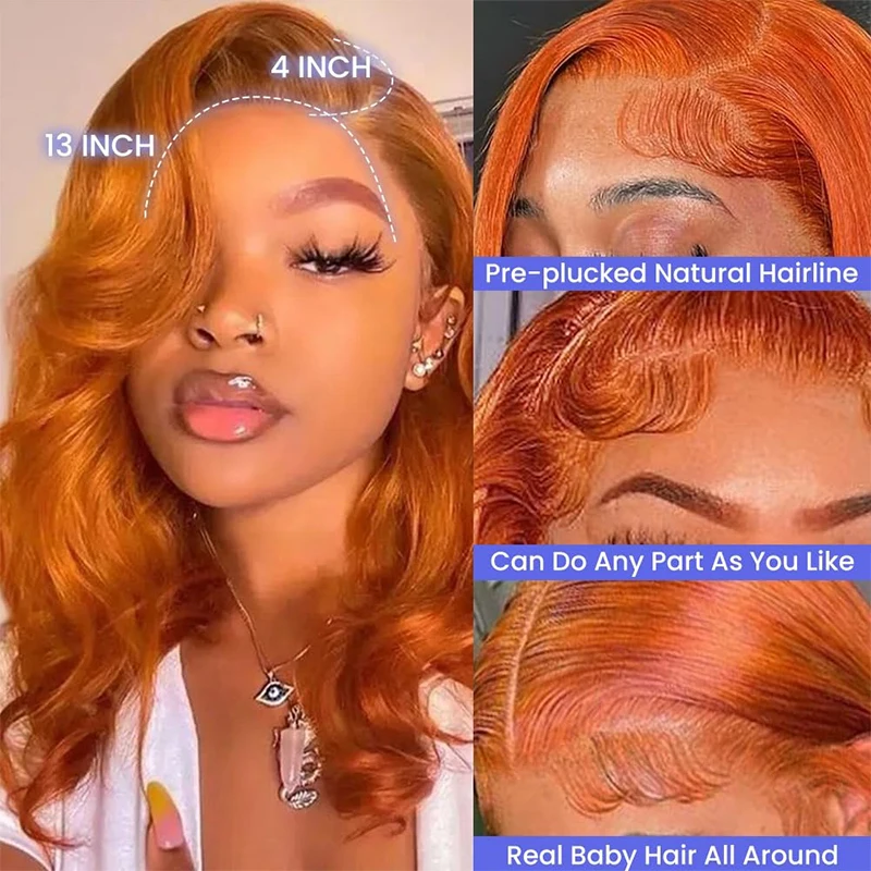 الزنجبيل البرتقالي قصير بوب شعر مستعار الجسم موجة 13x4 HD الدانتيل الشفاف الجبهة لينة ، ممتلئة ، لامعة 200% الكثافة الباروكات الشعر البشري 350 #