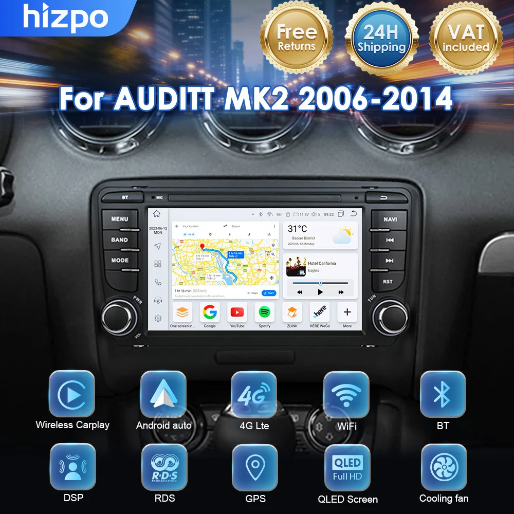 HIZPO per Audi TT MK2 8J 2006-2014 Wireless CarPlay Android Auto Autoradio GPS Multimediale 2 DIN GPS AI Voice CarPlay Head Unit 4G Stereo 7”