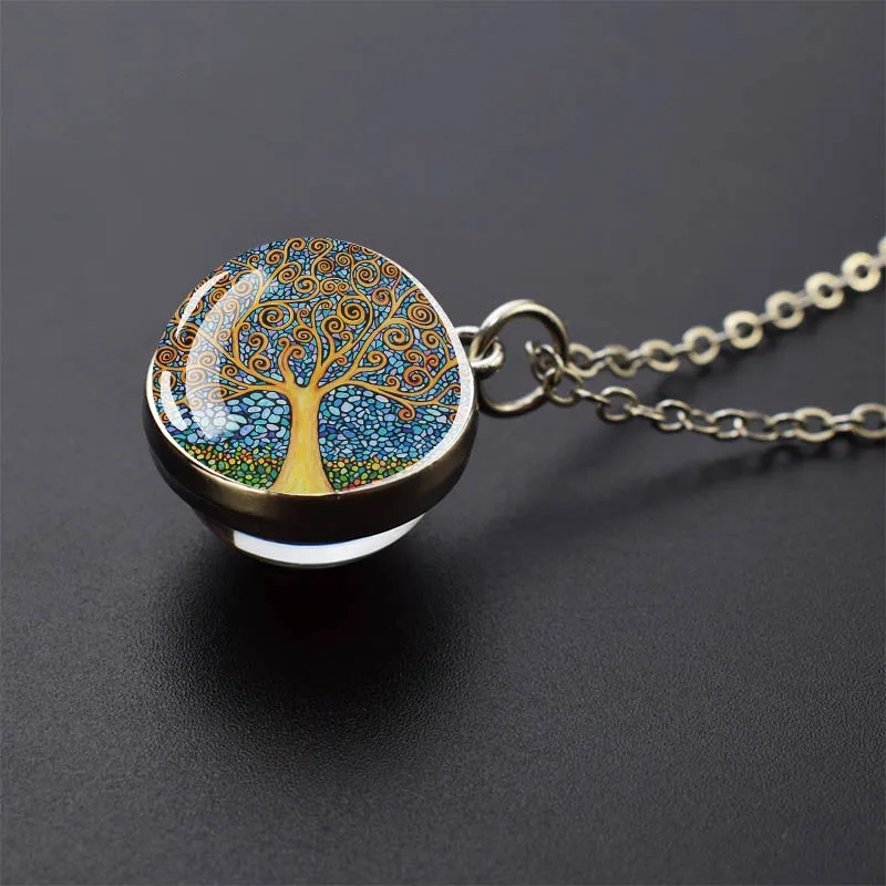 شجرة الحياة الفضة قلادة ملونة شجرة الحياة صورة فنية كرة زجاجية قلادة قلادة مجوهرات الأزياء الرجال النساء هدية #4
