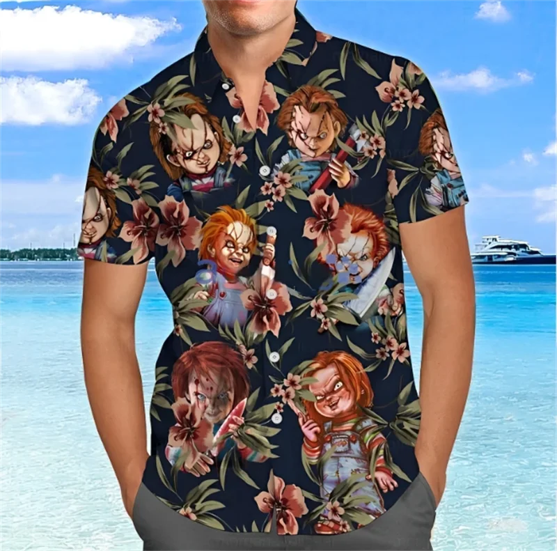 

2024Camisas Y Blusher Hawaiian Shirt Horror Movie Bride's Lucky 3D Printed Shirt for Men and Women Short Sleeve Lapel Men's Top