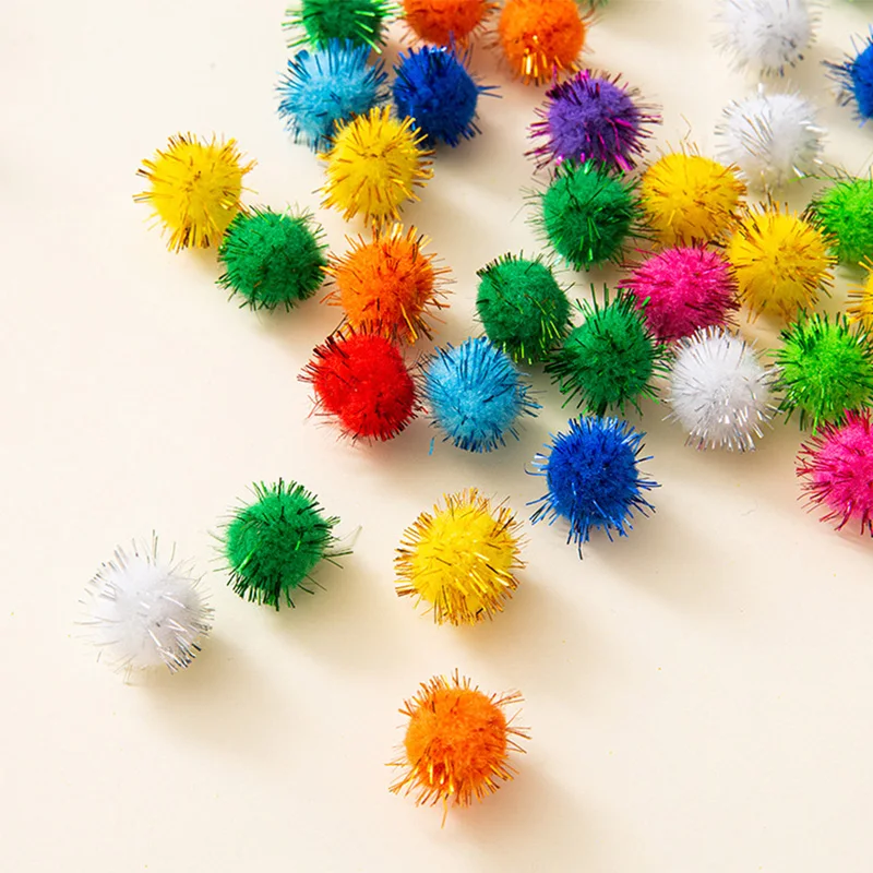 Fenrry 200Pcs 10mm Colored Glitter Balls Pompom Furry Balls for Kids DIY Craft Supplies Handmade Creative Decoration Materials