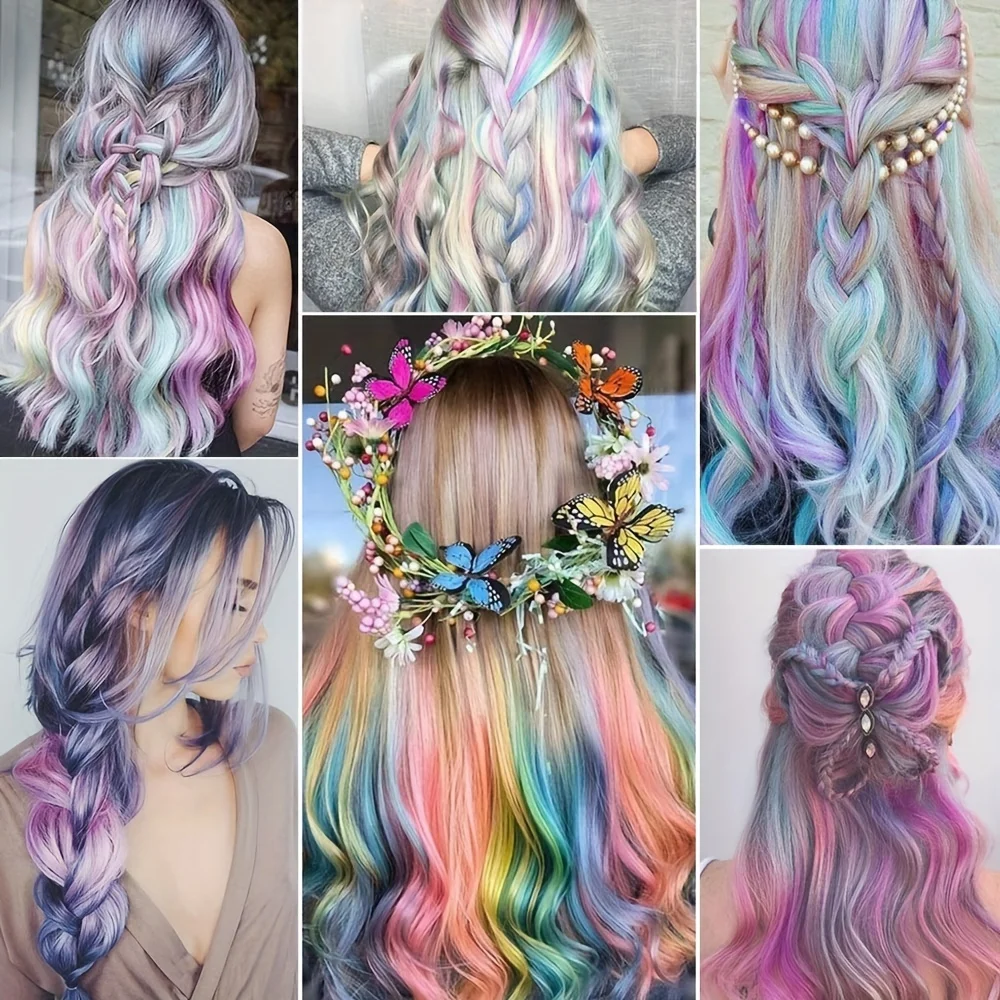 Wig ekstensi rambut palsu panjang Lurus berwarna, wig ekstensi rambut, wig sintetis, Highlight pelangi Y2K, rambut palsu DIY untuk pesta Cosplay