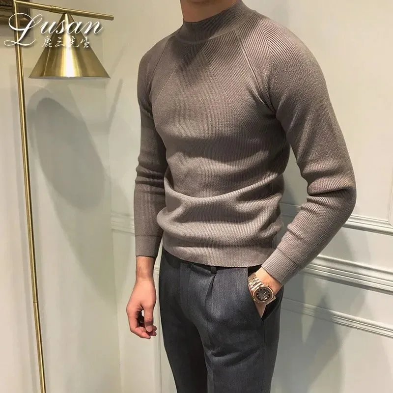 Outono inverno novo estilo meia gola alta para homens luz luxo estilo coreano na moda fino ajuste versátil sólido camisola de fundo topo