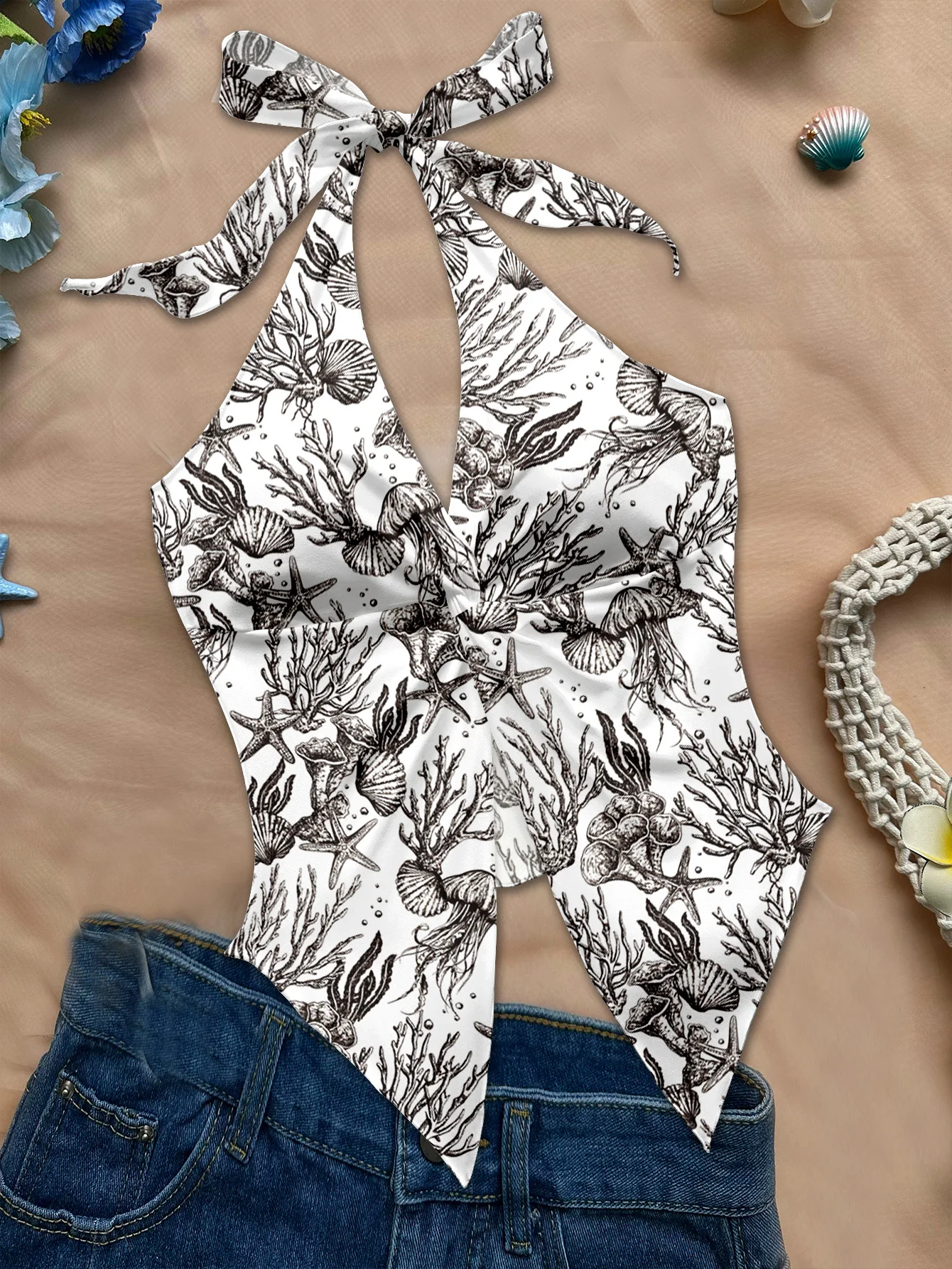 

Женское бюстье с принтом «Морские существа» для летнего пляжного отдыха, облегающий черный топ на бретельках с лямкой на бретельках, винтажный концертный наряд Y2K