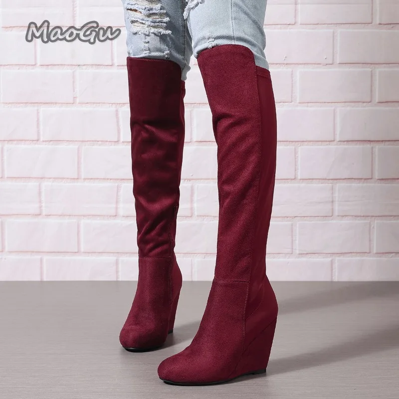 Women Autumn Winter Knee High Boots Wedge Boots for Women Plus Size Suede Elastic Women's Long Botas Feminino Botas Para Mujer image 3