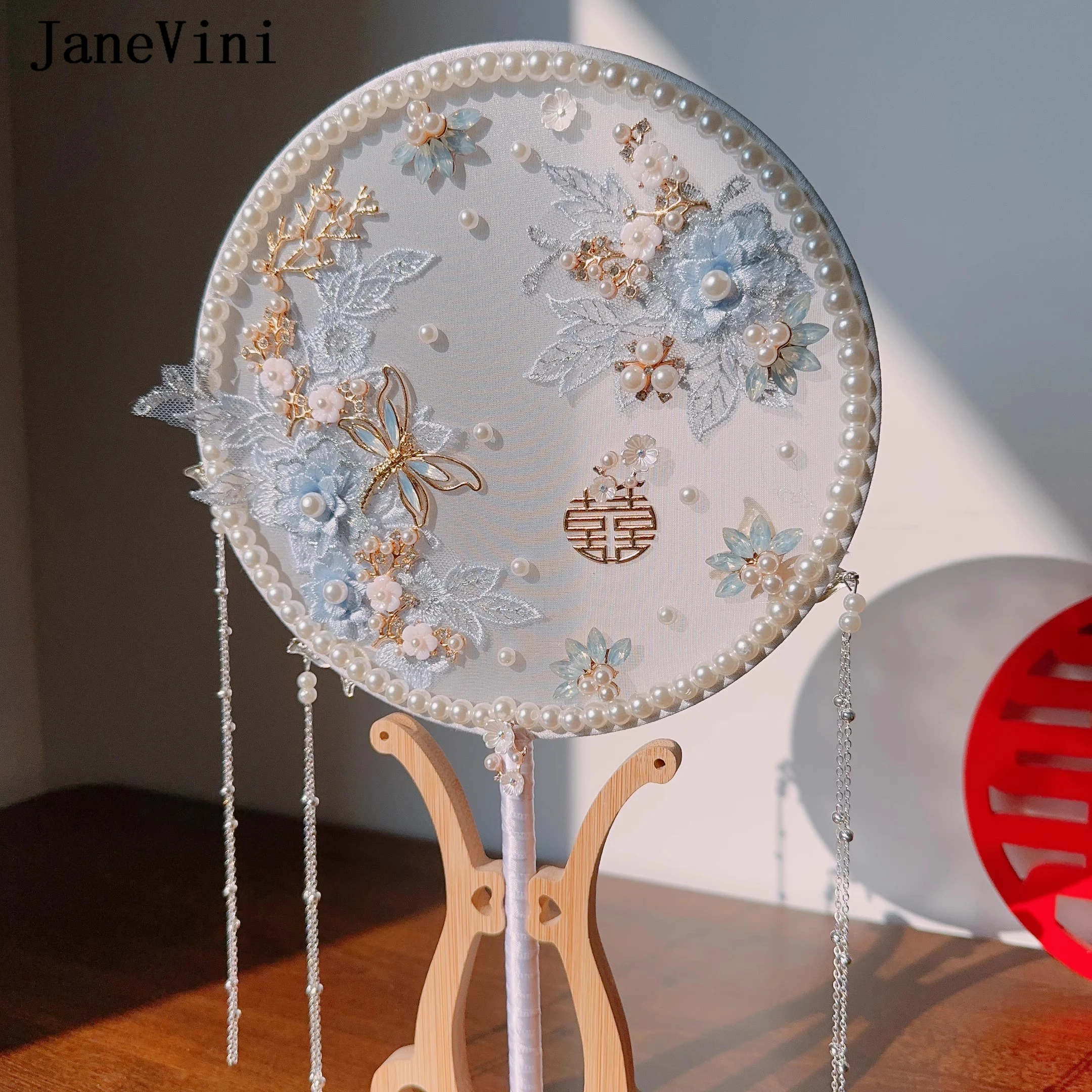 JaneVini-Éventail de Patients de Style Chinois Bleu, Fleurs Rondes en Dentelle Perlée, Bouquet de Mariage avec Perles, pour Déterminer l'Artisanat