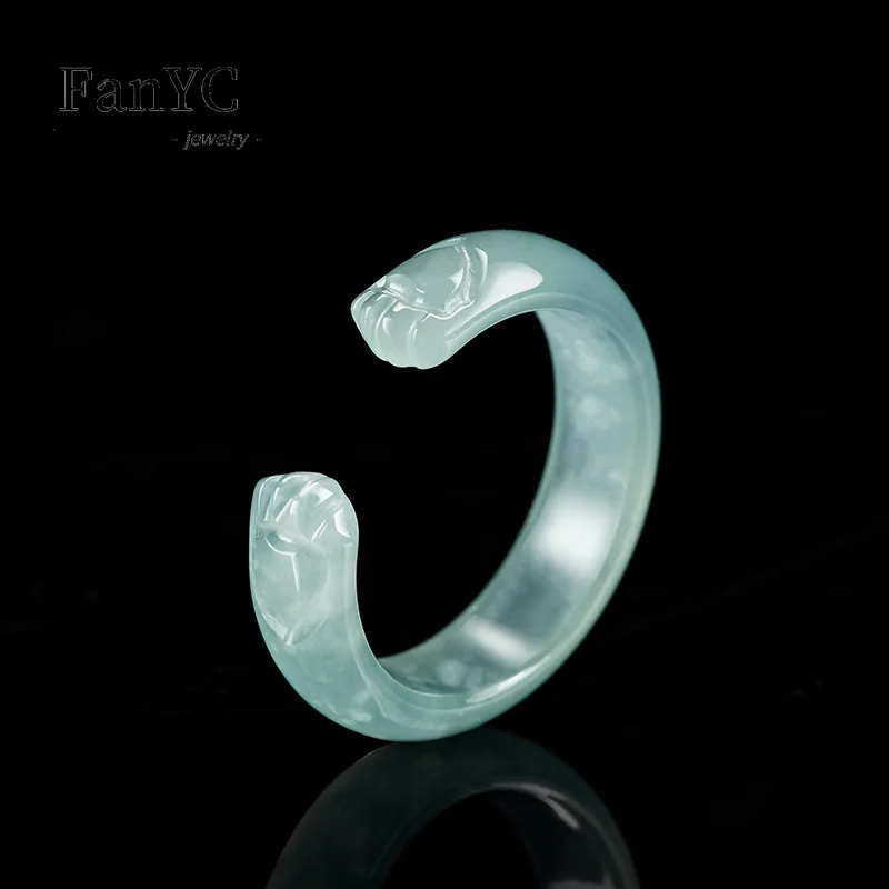 

High-grade Myanmar A-goods Jadeite Blue Water Cat Claw Ring Three-dimensional Carving Lovely Fashion Ice Jade Ring Ladies Gift